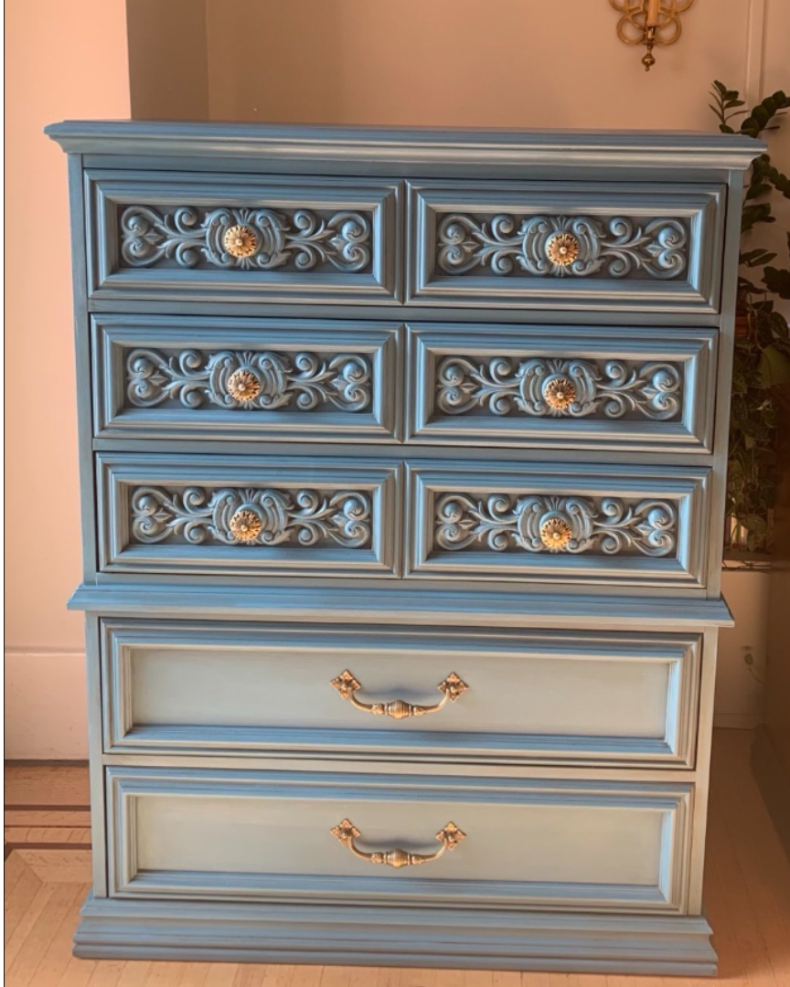 Ornate vintage chest of drawers painted blue custom finish Vancouver